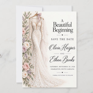 Blush Floral Wedding Dress Save the Date Invitation