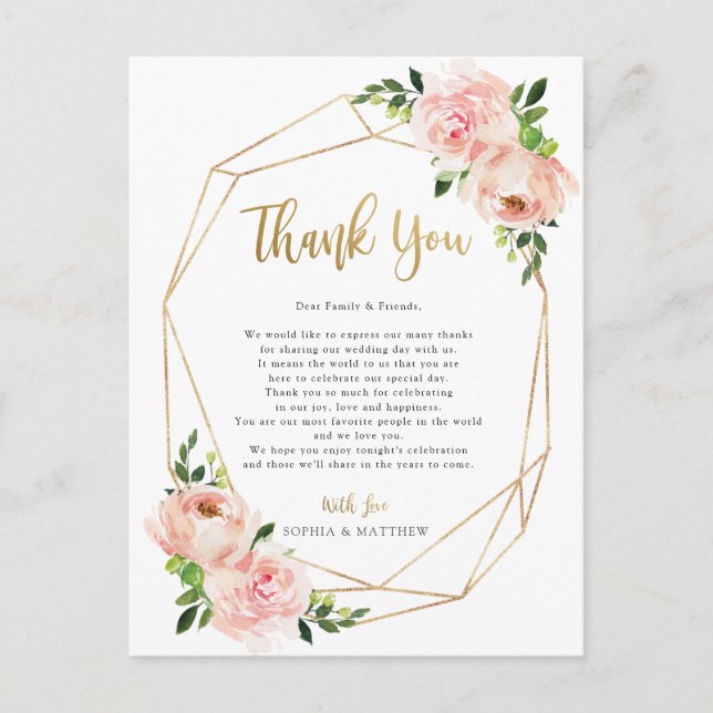 Blush Floral Wedding Geometric Thank You Post Card (Front)