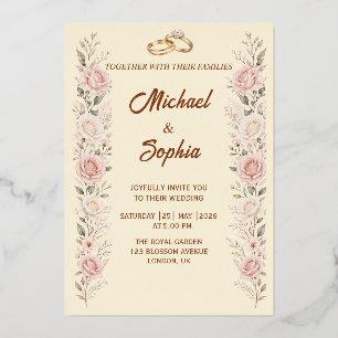 Blush Floral Wedding Invitation with Gold Rings