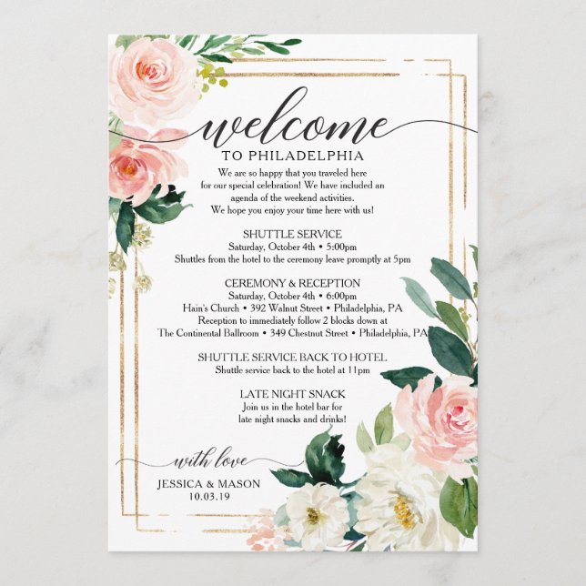 Blush Floral Wedding Itinerary - Wedding Welcome Program (Front)