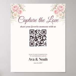 Blush Floral Wedding QR Code Sign, Photo Share Poster