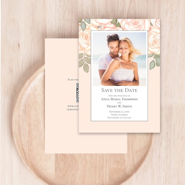 Blush Floral Wedding Save the Date Photo (Blush pink floral wedding save the date photo card. )