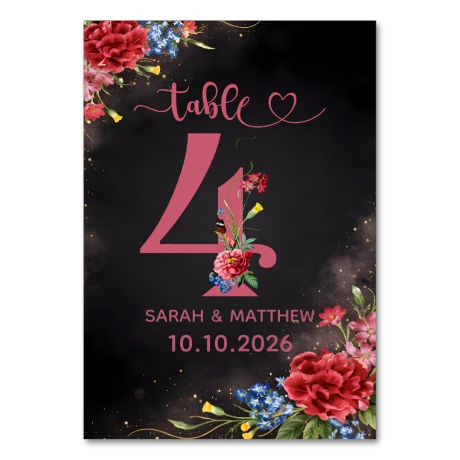 Blush Floral Wedding Table Number 4 Card (Front)