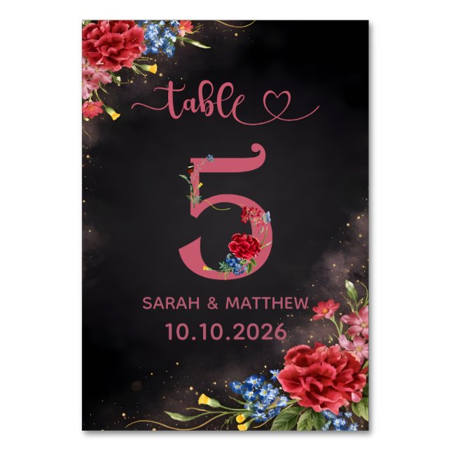 Blush Floral Wedding Table Number 5 Card (Front)