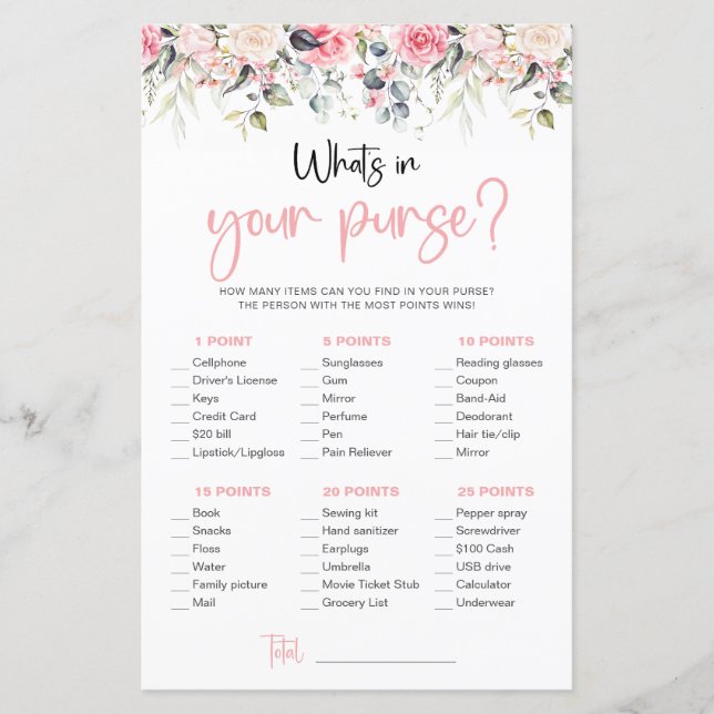 Blush Floral | What's In Your Purse Game Card (Front)