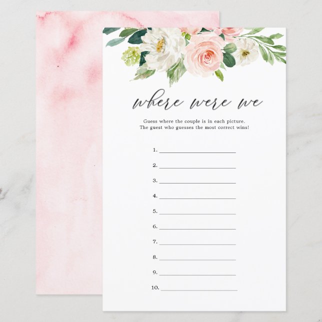 Blush Floral Where Were We Guess Game Cards (Front/Back)
