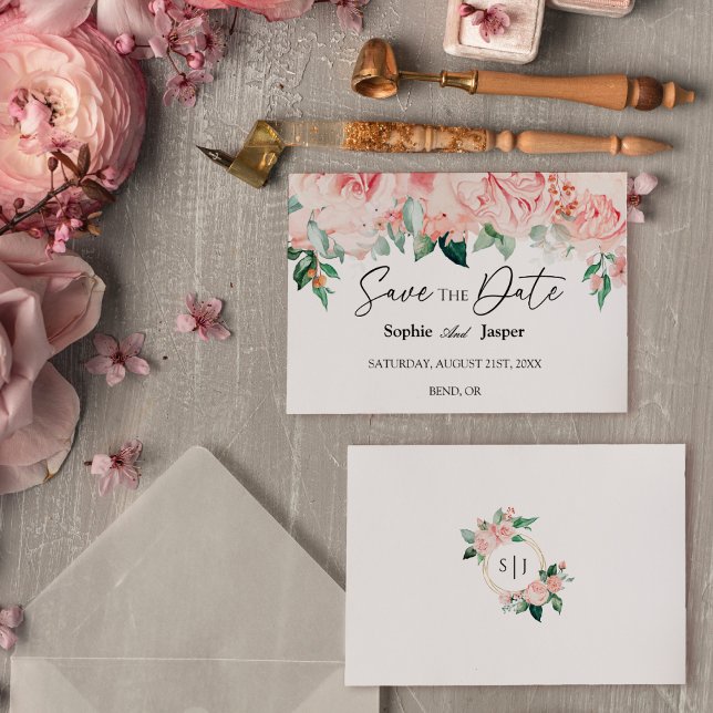 Blush Floral White Flat Save The Date Card (Creator Uploaded)