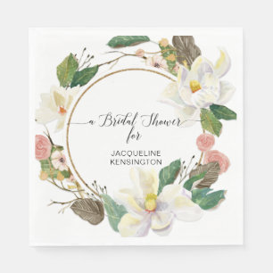 Blush Floral White Magnolia Watercolor Gold Leaf Napkin
