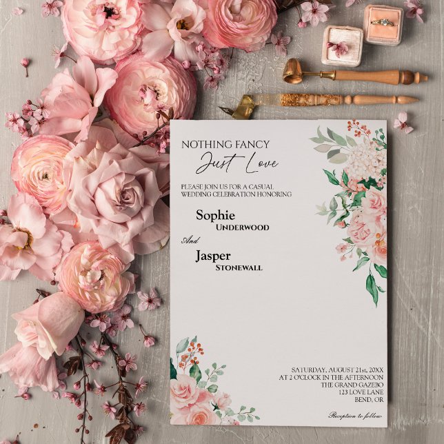 Blush Floral White Nothing Fancy Just Love Wedding Invitation (Creator Uploaded)
