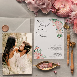 Blush Floral White Photo We're Engaged Invitation