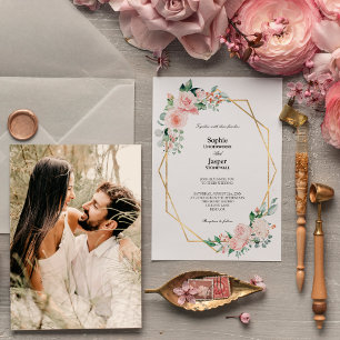 Blush Floral White Simple Photo Wedding Invitation
