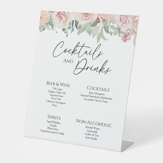 Blush Floral White Wedding Drinks Bar Sign (Front)