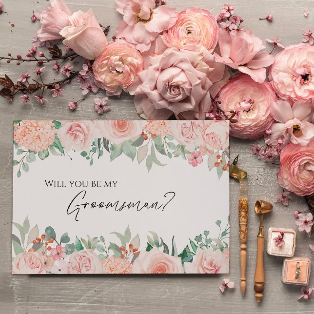 Blush Floral White Wedding Groomsman Proposal Card (Creator Uploaded)