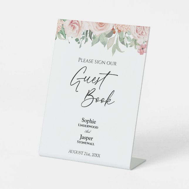 Blush Floral White Wedding Guest Book Sign (Front)