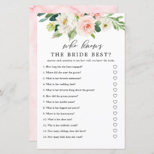 Blush Floral Who Knows The Bride Best Game Cards