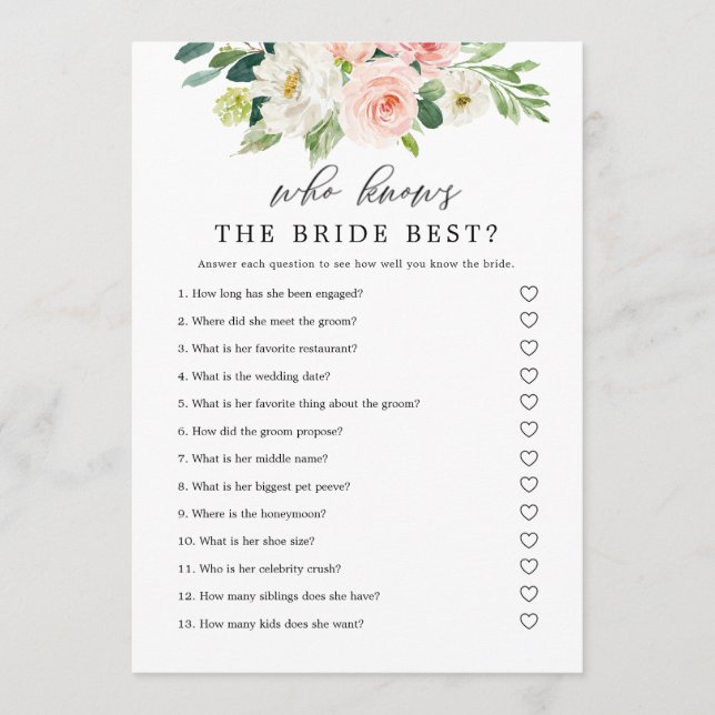 Blush Floral Who Knows The Bride Game Printable Invitation (Front)