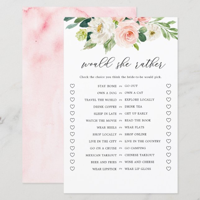 Blush Floral Would She Rather Bridal Shower Game  (Front/Back)