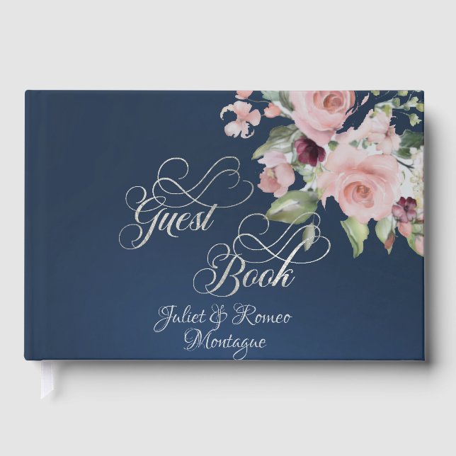 Blush Floral & Wreath - Blue/Silver Guest Book (Front)