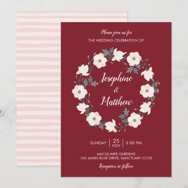 Blush Floral Wreath Bugundy Wedding Invitation (Front/Back)