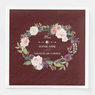 Blush Floral Wreath Burgundy  Wedding Napkin