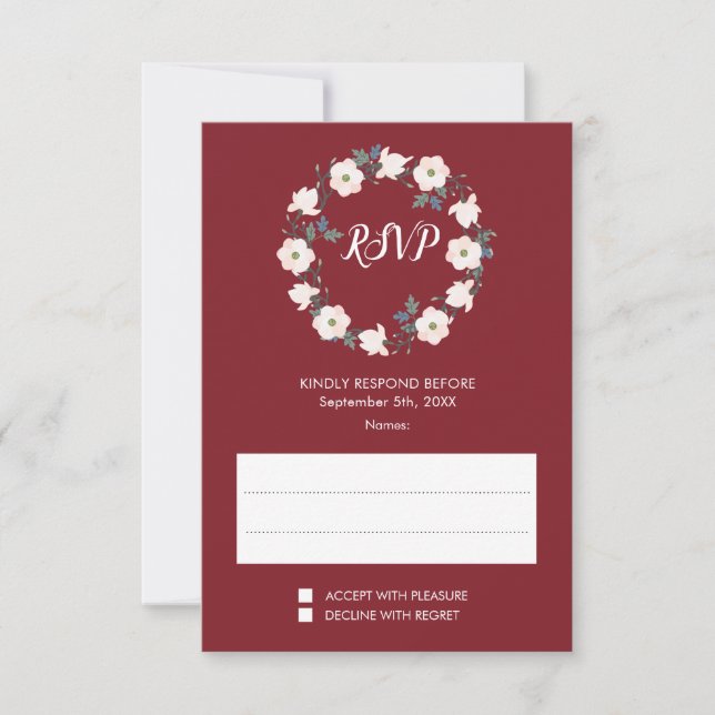 Blush Floral Wreath Burgundy Wedding RSVP Card (Front)