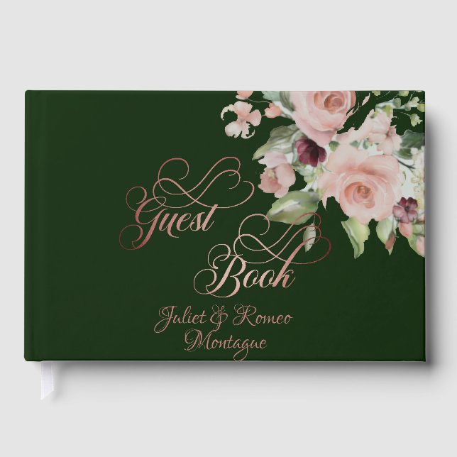Blush Floral & Wreath - Emerald/Rose Gold Guest Book (Front)