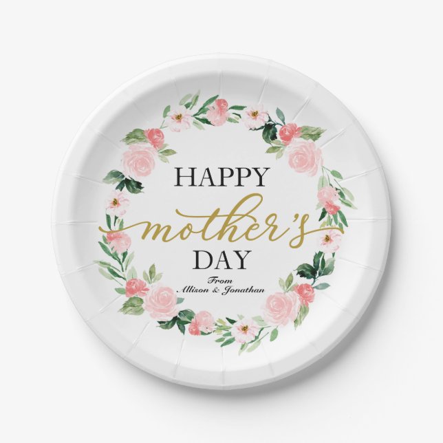 Blush Floral Wreath Happy Mothers Day Paper Plate (Front)