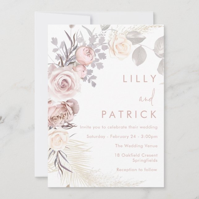 Blush Floral Wreath Modern Boho Wedding Invitation (Front)