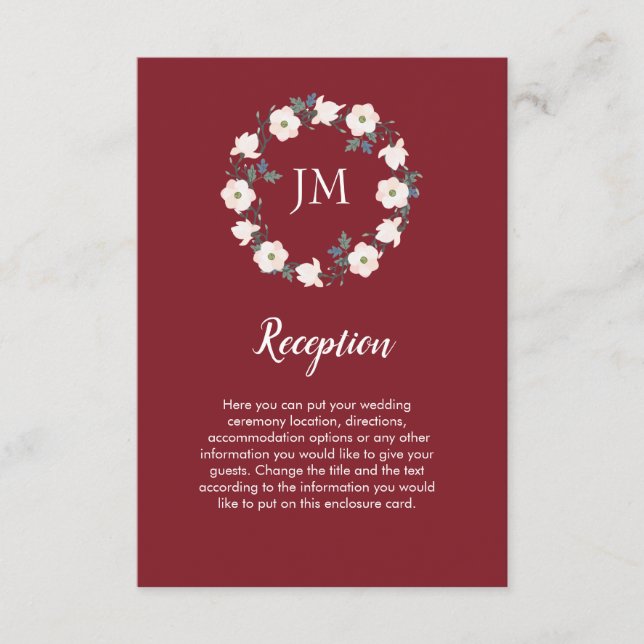 Blush Floral Wreath Monogram Burgundy Wedding Enclosure Card (Front)