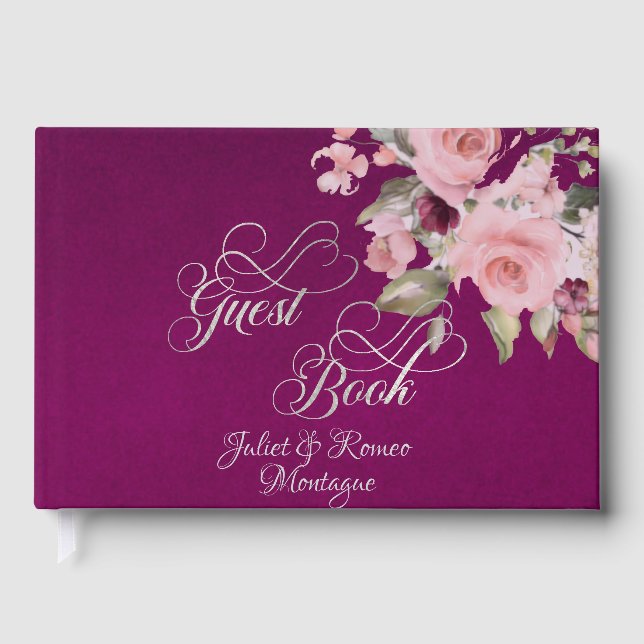 Blush Floral & Wreath - Purple/Silver Guest Book (Front)