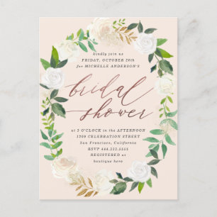 Blush & Floral Wreath Rose Gold Bridal Shower Invitation Postcard