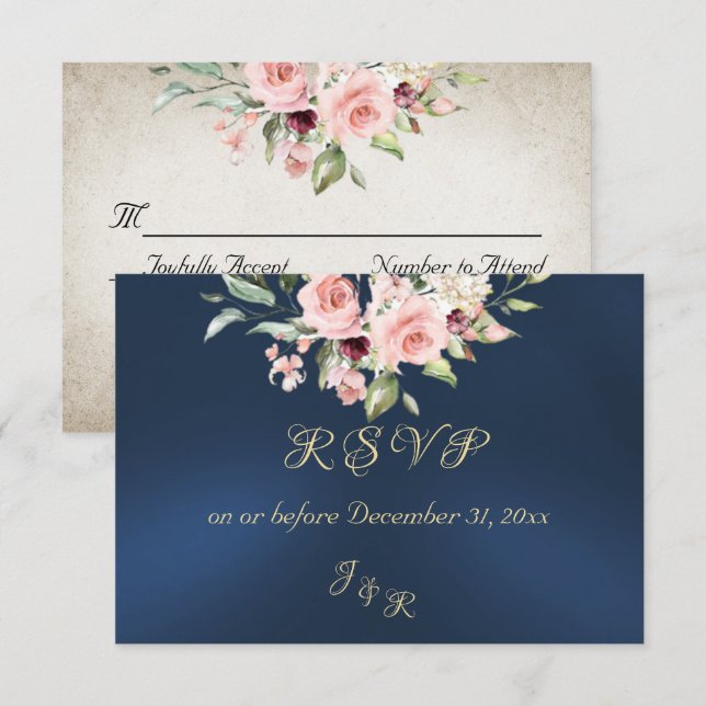 Blush Floral & Wreath RSVP - Blue (Devant / Derrière)