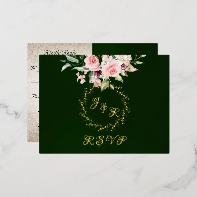 Blush Floral & Wreath RSVP - Emerald Foil Invitation Postcard (Front/Back)