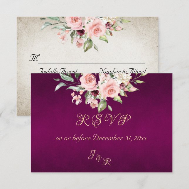 Blush Floral & Wreath RSVP - Purple Card (Front/Back)