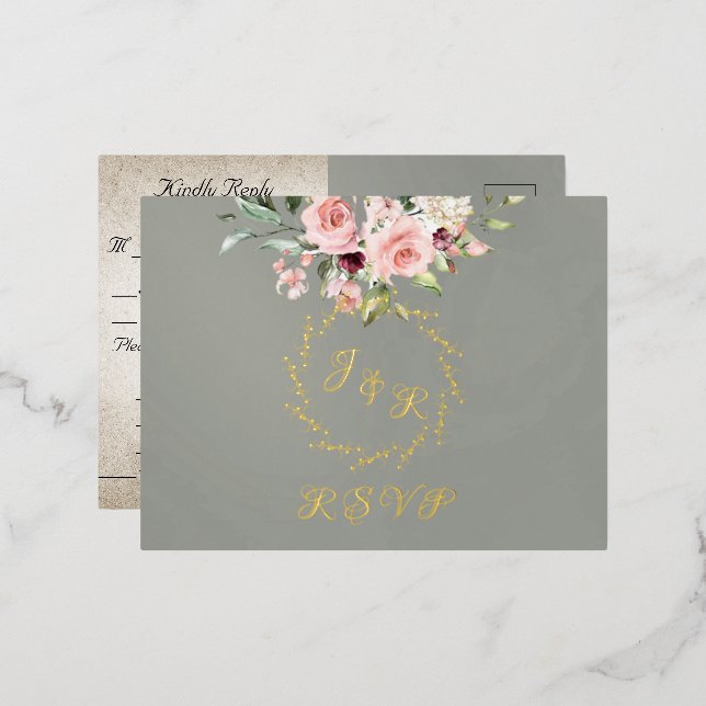 Blush Floral & Wreath RSVP - Sage Foil Invitation Postcard (Front/Back)
