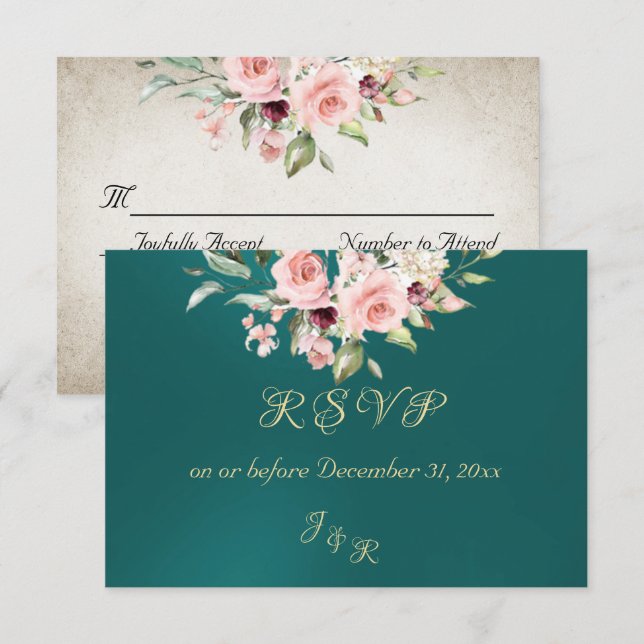 Blush Floral & Wreath RSVP - Teal (Devant / Derrière)