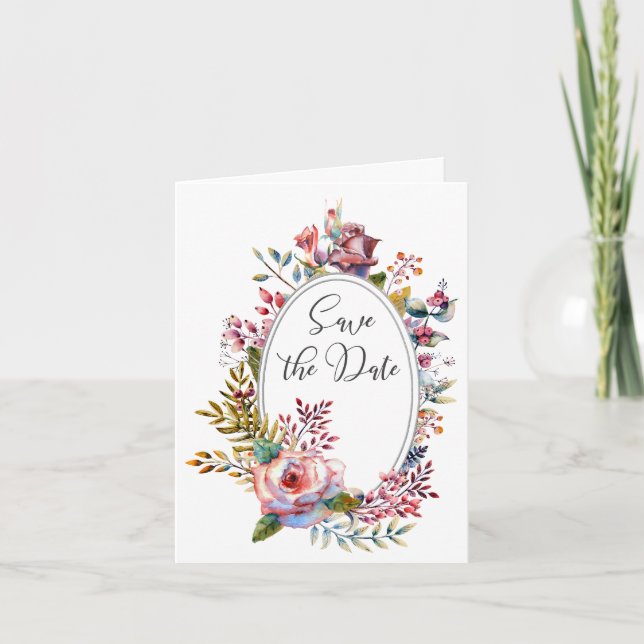 Blush Floral Wreath Save the Date Folded Card (Front)