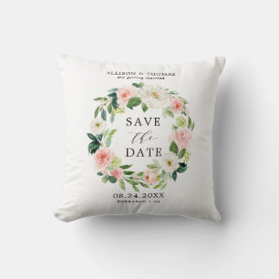 Blush Floral Wreath Save the Date Wedding Pillow