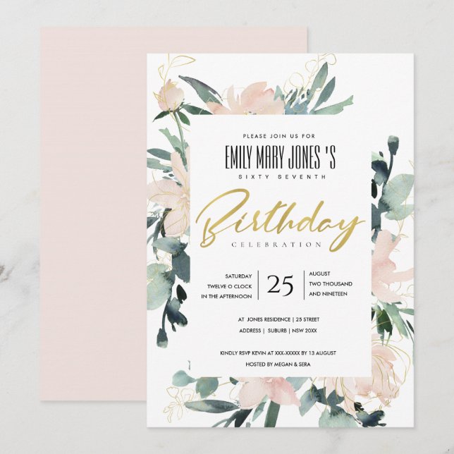 BLUSH FLORAL WREATH WATERCOLOR ANY AGE BIRTHDAY INVITATION (Front/Back)