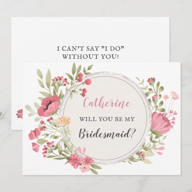 Blush Floral Wreath Will You Be My Bridesmaid Invitation (Front/Back)