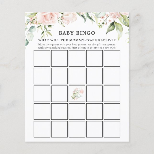Blush Florals and Greenery Baby Bingo Game Card (Front)