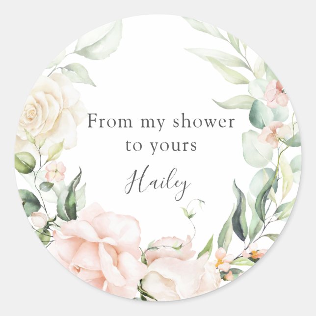 Blush Florals and Greenery Bridal Shower Classic Round Sticker (Front)