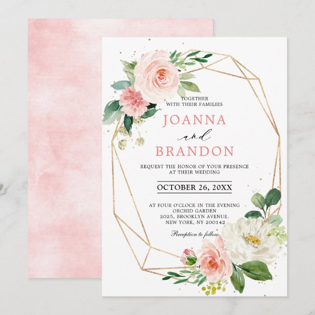 Blush Florals Gold Modern Geometric Frame Wedding Invitation (Front/Back)