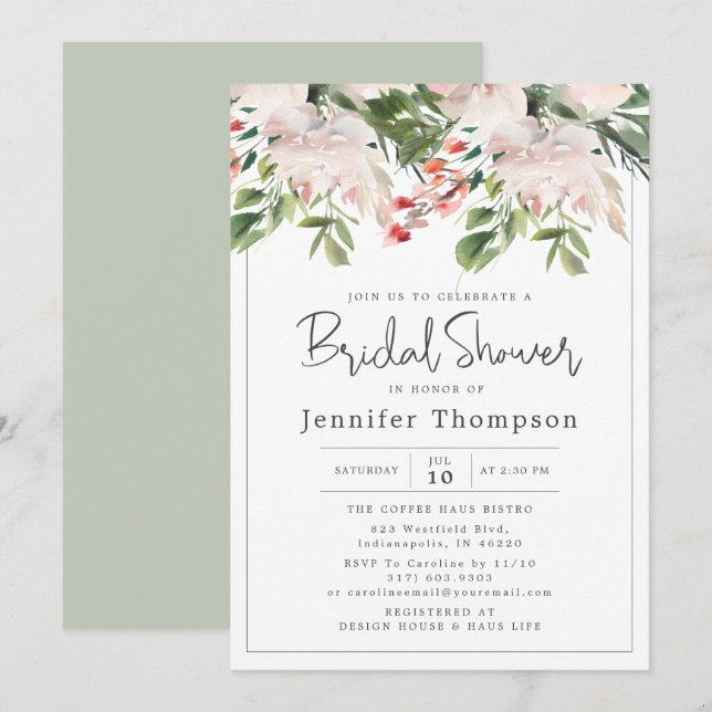 Blush Florals & Greenery Watercolor Bridal Shower Invitation (Front/Back)