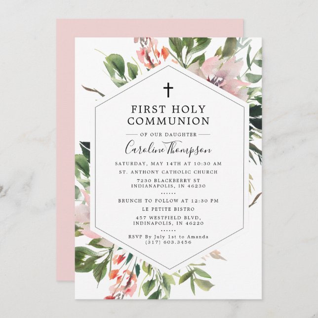 Blush Florals Greenery Watercolor First Communion Invitation (Front/Back)