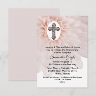 Blush Flower and Cross Baby Christening Invitation