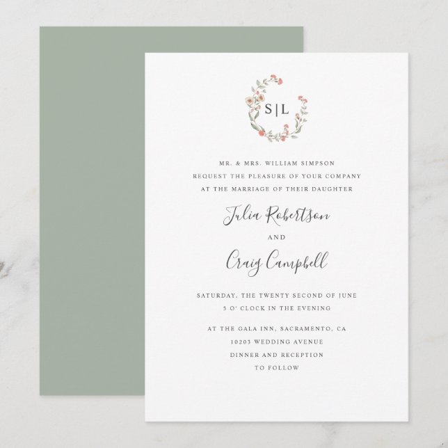 Blush flower bunch  formal monogram wedding invitation (Front/Back)