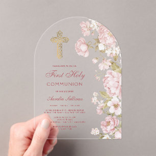 Blush Flowers Arch First Communion Acrylic Invitations