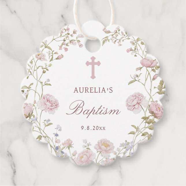 Blush Flowers Baptism Favour Tags (Front)