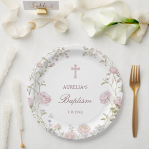 Blush Flowers Baptism Paper Plate
